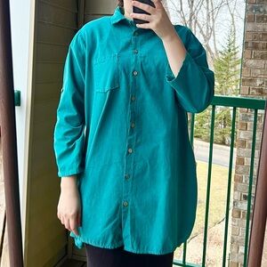 🆕 🇮🇹 Turquoise 💯COTTON Micro Velvet Oversized Button Down Shirt L